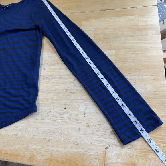 Vince Variegated Striped Long Sleeve Shirt Blue Black Pima Modal Semi Sheer Lrg - Picture 10 of 10